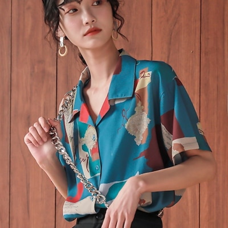プリント柄の半袖Tシャツ、女性用夏用シフォンシャツ、ゆったりとしたトップスsk0373 柄シャツ プリントシャツ 半袖 レトロトップス ゆったり
