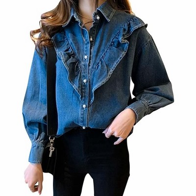 シャツ デニム フリル パール ブラウス でにむ しゃつ ぶらうす トップス レディース 通販 Lineポイント最大get Lineショッピング