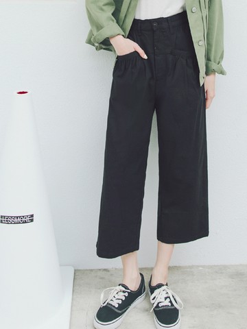 簡約自在收腰鬆緊高含棉八分斜紋寬褲