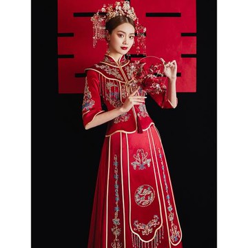 云肩秀禾服婚服小個子新娘結婚夏季薄款緞面出閣嫁衣中式婚紗秀和