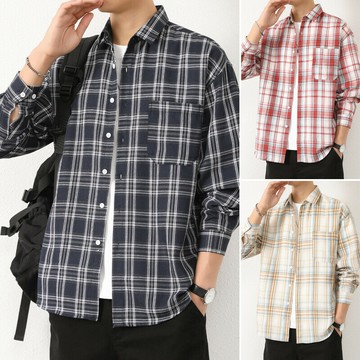 長袖格子襯衫男 春秋款 時尚寬鬆抗皺免燙上衣 柔軟親膚翻領上衣 抗皺免燙 工作聚會逛街長袖襯衫