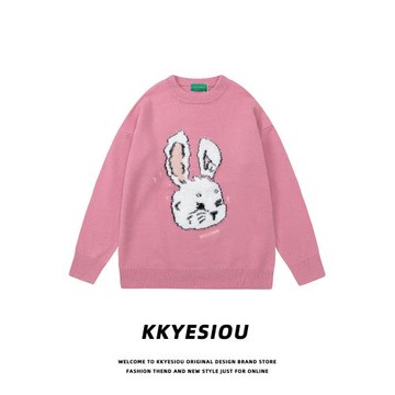 KKyesiou美式復古學院風兔子情侶針織衫男女vintage百搭情侶毛衣