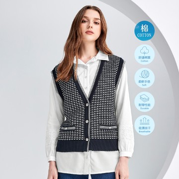 ILEY伊蕾 格紋小香風針織背心外套(深藍色；M-XL)1234405710