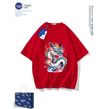 NASA新年衣服女童短袖t恤中大童紅色2025龍年本命年兒童半袖上衣