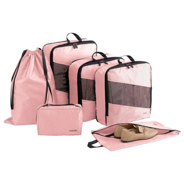TAILI 太力 旅行夢菱格雙層拉鏈收納壓縮袋 夢幻粉  衣物袋L(43 x 32 x 9cm)+衣物袋M(35 x 31 x 9cm)+鞋袋(44.5 x 23.5cm)+束口袋(52.5 x 36.5cm)+化妝袋(23 x 15 x 8cm)  6件  1組