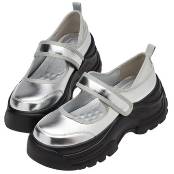 【Grace Gift】復古學院輕量厚底瑪莉珍芭蕾運動鞋 銀