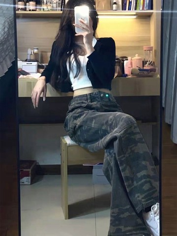【T-2】🖤美式/復古/迷彩牛仔褲女/春秋/高腰/直筒/寬鬆/闊腿/工裝長褲/高街ins/女生衣著