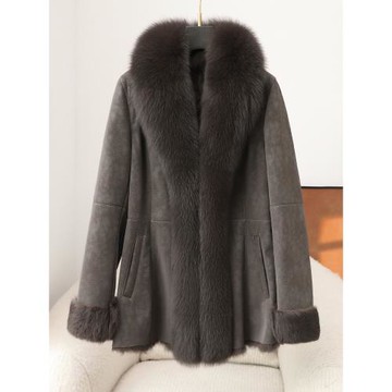 (免運)大狐貍毛領真皮毛一體外套女中長款兔毛內膽海寧新款皮草冬裝大衣