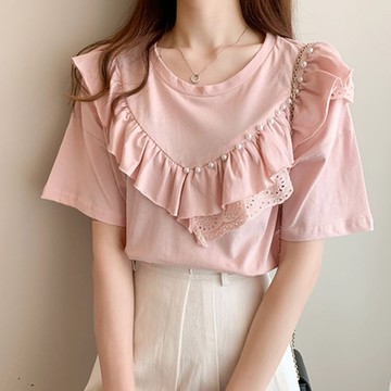 La Belleza圓領珍珠立體大荷葉領滾邊棉質上衣