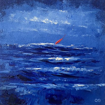 原創藍色風景海景藝術品紅色帆船油畫 Impasro 藝術