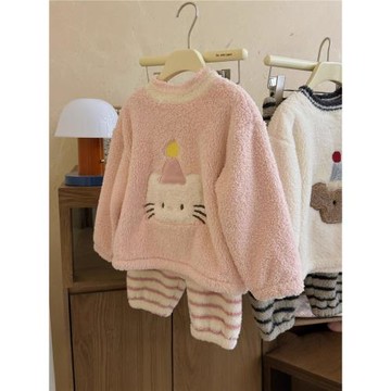 清倉~兒童家居服冬男童卡通小熊半邊絨睡衣小童保暖外出套裝