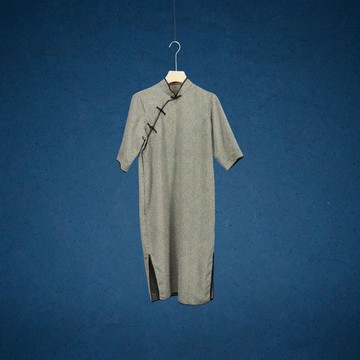 二手 黑白 緹花 盤扣 滾邊開衩 無彈性 古董訂製 短袖旗袍 CA1122