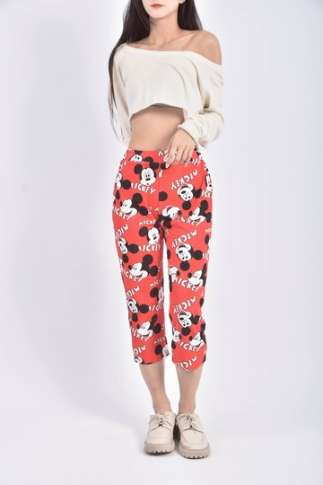 (S) 高腰鬆緊腰米奇紅色長褲