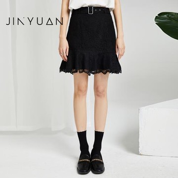 金苑裙子女2022夏季新款時尚氣質花瓣碎花黑色蕾絲半身裙B222112