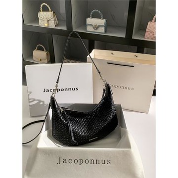 雅各邦真皮編織黑色牛角包女2025新款輕奢小眾高級感大容量腋下包