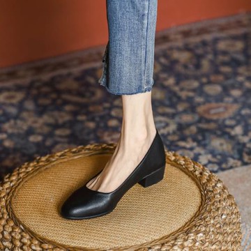 羊皮舒適圓頭空姐工作鞋女黑色皮鞋上班久站不累腳軟底職業高跟鞋