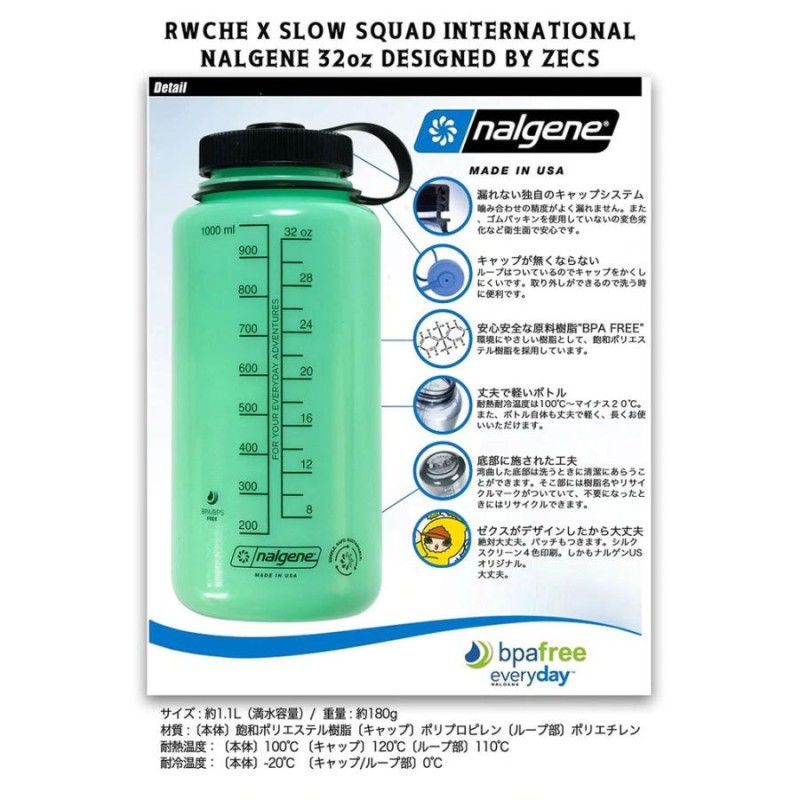 ローチ nalgene ナルゲン ボトル 1L 広口 水筒 水 軽量 耐熱 RWCHE x Slow Squad International -  Nalgene 32oz Glow Designed by ZECS Patch combo | LINEブランドカタログ