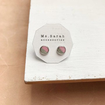 皮革耳環_圓框3號作品#6_櫻花粉搭灰白(可改夾)