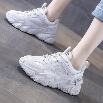 首谷真皮粉色老爹鞋女鞋 2022年春款shougu百搭厚底ins超火運動鞋