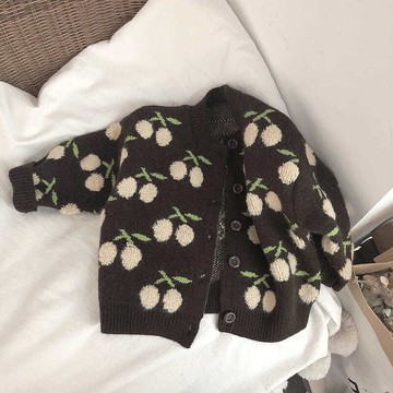 氣質復古櫻桃毛衣開衫秋冬韓國兒童加厚單排扣針織衫外套潮外套