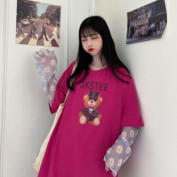 小熊短袖t恤女ins潮夏季韓版寬松大碼短款沙雕姐妹裝梅子色上衣服