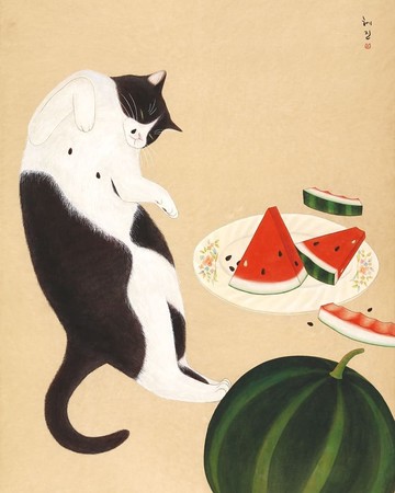 夏日的清涼西瓜與慵懶的貓。韓國藝術家貓咪明信片