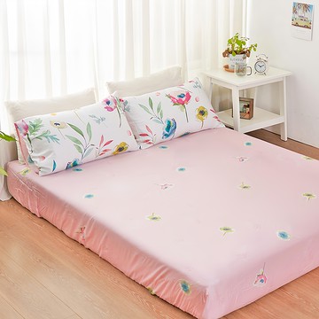 BELLE VIE 100%純天絲床包枕套 186 x 150cm 台灣製  花畔 粉紅色  雙人  床包 + 枕套 2個