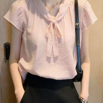 【台灣现貨】短袖襯衫 女生上衣 小衆設計感上衣 法式襯衫 女生襯衫 夏天上衣 短袖上衣 粉色襯衫 涼感上衣 雪紡上衣女
