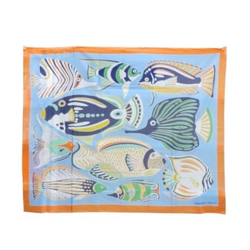 HERMES 愛馬仕 藍/橘色 棉質 Traffic Jam 方巾 170*150 【二手名牌BRAND OFF】