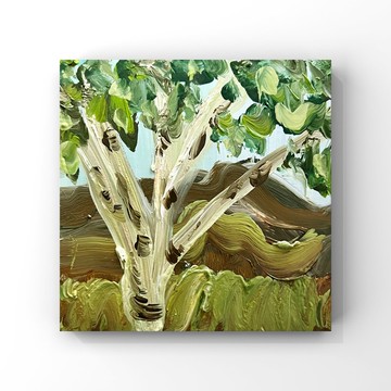 樺樹藝術印象派樺樹小油畫綠棕風景