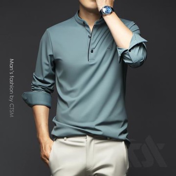 2025年男裝新款男士立領長袖T恤中年秋裝上衣秋季商務休閑打底衫