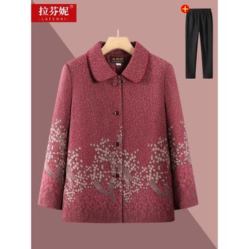 中老年人秋裝女媽媽裝長袖大碼休閑衣服奶奶毛呢開衫翻領薄款外套