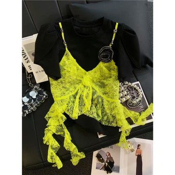 ZHOUYI/周一2025新款夏季時尚上衣假兩件流蘇短袖修身百搭T恤女