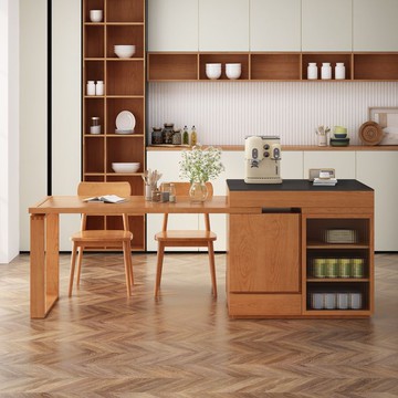 免運 可伸縮實木巖板島臺餐桌一體多功能飯桌復古吧臺餐邊柜廚房櫥柜