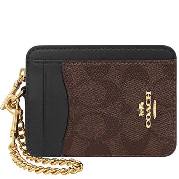 COACH 巧克力色大C PVC金屬鏈帶證件卡夾/零錢包