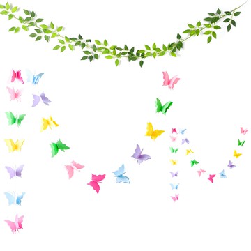 PARTYSHOW 蝴蝶拉旗 大型 2入 + 尤加利葉拉旗 橢圓葉 1.8m 套組  1套  彩虹色