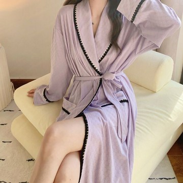 FUXI 長袖睡袍女 長款浴袍 連身睡衣  V領開衫睡裙 提花高級感睡袍 居家服 女生睡衣