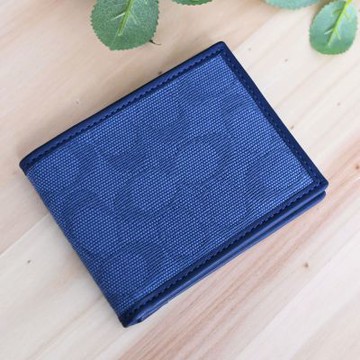 COACH 經典C字LOGO緹花皮革對開式短夾(藍)