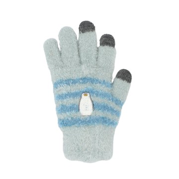 日本 TOMO - 大人可觸控短絨保暖手套-企鵝-水藍