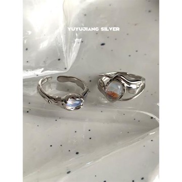 YUYUJIANG小眾設計s925純銀戒指月光石冷淡風女開口食指戒不規則