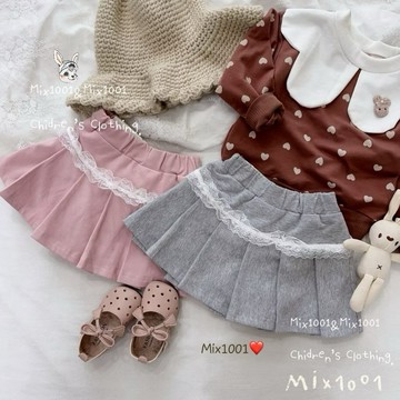 🌈✨mix1001 冬 🔥俏麗蕾絲花邊百褶短裙✨兒童純色百褶蕾絲棉裙5-17