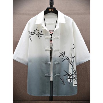 新中式中國風竹子短袖襯衫高級感盤扣漢服唐裝襯衣外套男夏季新款