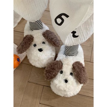 細細條 可愛狗狗棉拖鞋女冬季室內防滑保暖半包跟毛絨月子軟底鞋