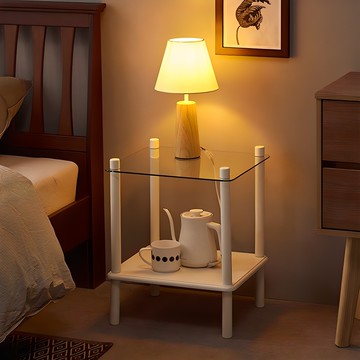 Paroma 艾里斯 實木塗裝強化玻璃方形床頭櫃  乳白色  1組