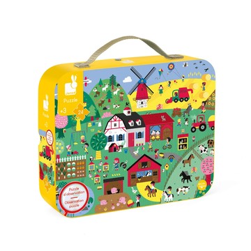 Janod 厚片拼圖 農場找一找 主題式場景 精美硬質手提式盒 暗釦設計 方便收納攜帶  1盒  24片