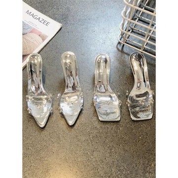 巨好看~ 銀色水鉆尖頭露趾透明一字帶細跟涼拖女夏外穿酒杯高跟鞋