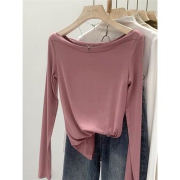 甜辣一字領長袖打底衫女2025春秋穿搭設計感小眾修身T恤露肩上衣