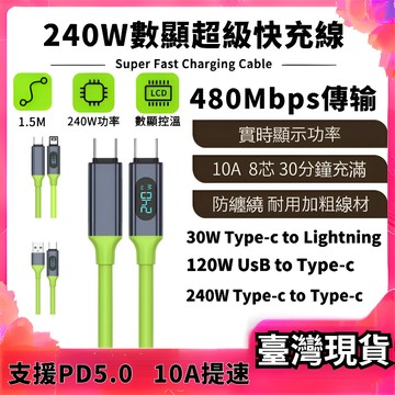 🚀隔日配送🚀【智能數顯】240W快速充電線 蘋果充電線 pd 快充線 傳輸線 充電線 type c 適用蘋果三星安卓系列
