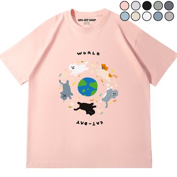 貓咪統治計畫環繞地球喵星人日系療癒插畫重磅純棉短T落肩寬鬆不透中性情侶裝上衣穿搭台灣現貨快速出貨
