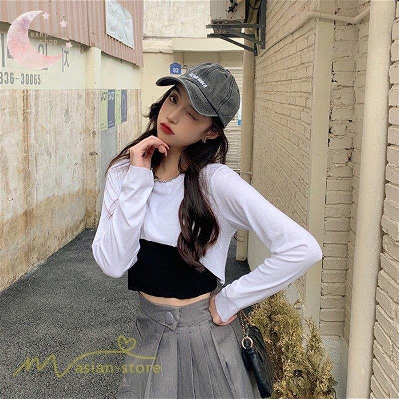 Tシャツ レディース レイヤード風 重ね着風 長袖 配色切替 カジュアルtシャツ クルーネック ショート丈 薄手 秋服 白 黒 着痩せ カットソー 日常感 女性着 通販 Lineポイント最大get Lineショッピング